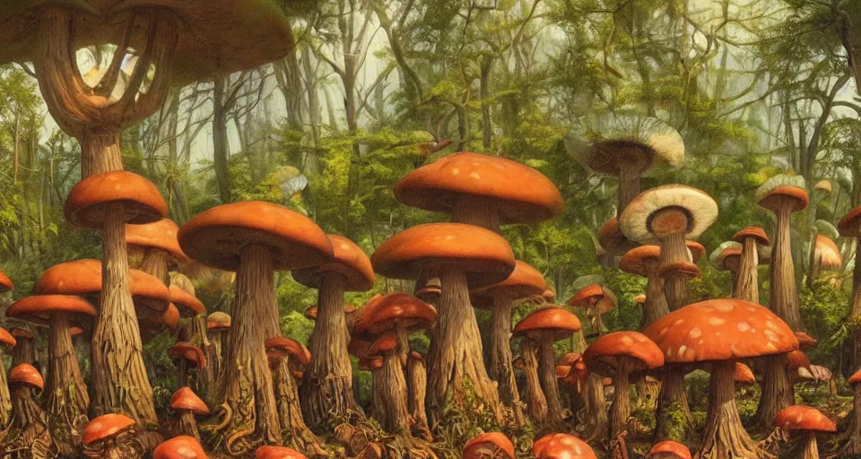 Image similar to A tribal village in a forest of giant mushrooms, by Gerald Brom,