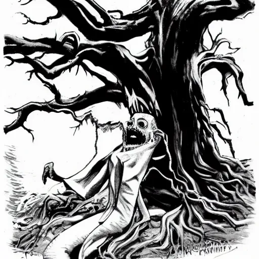 Image similar to b & w horror comic art of a vampire emerging from a hole beneath a tree