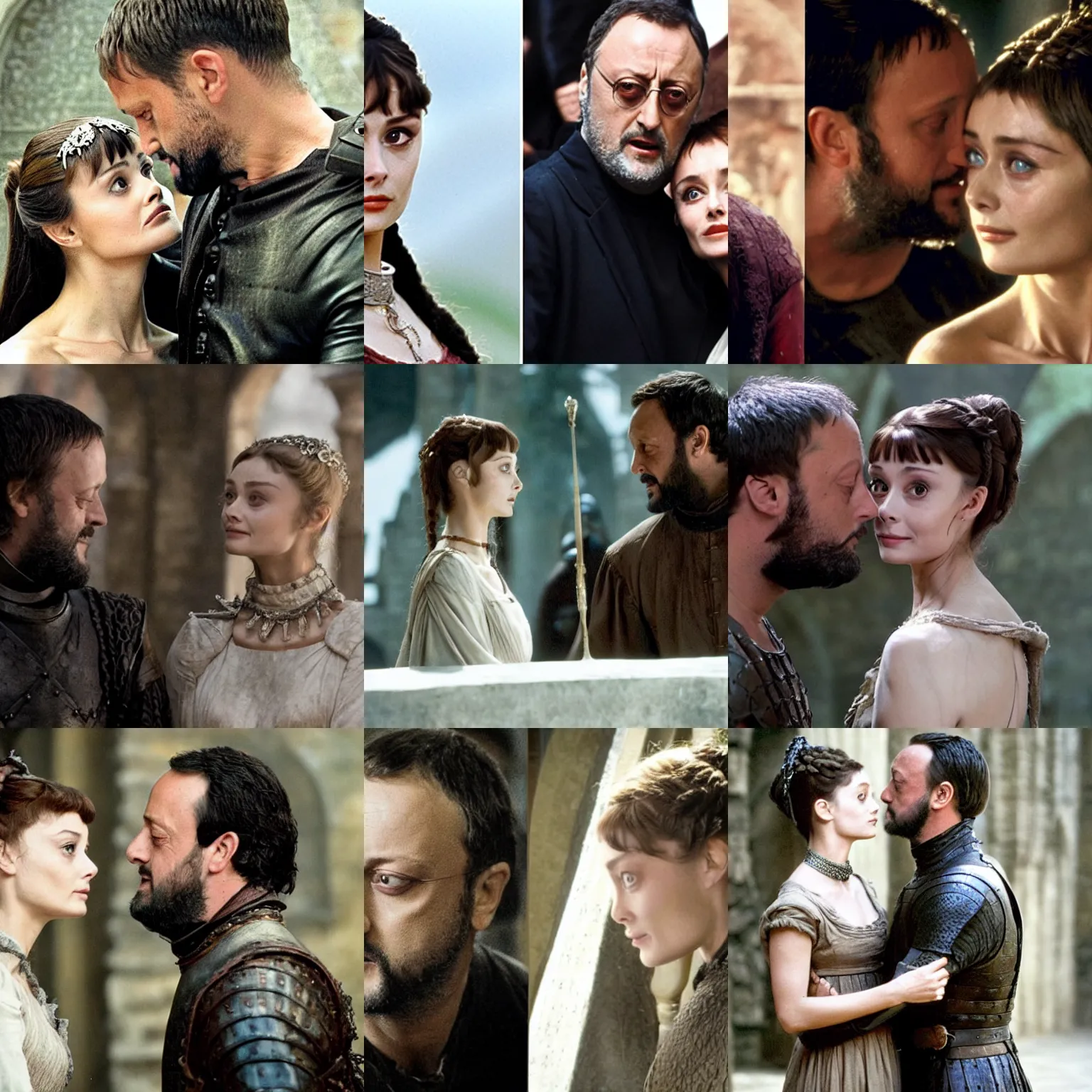 Prompt: In the 15th century Romeo (Jean Reno) and Juliet (Audrey Hepburn), are looking at each other romantically in Game of Thrones, HBO series, directed by Denis Villeneuve