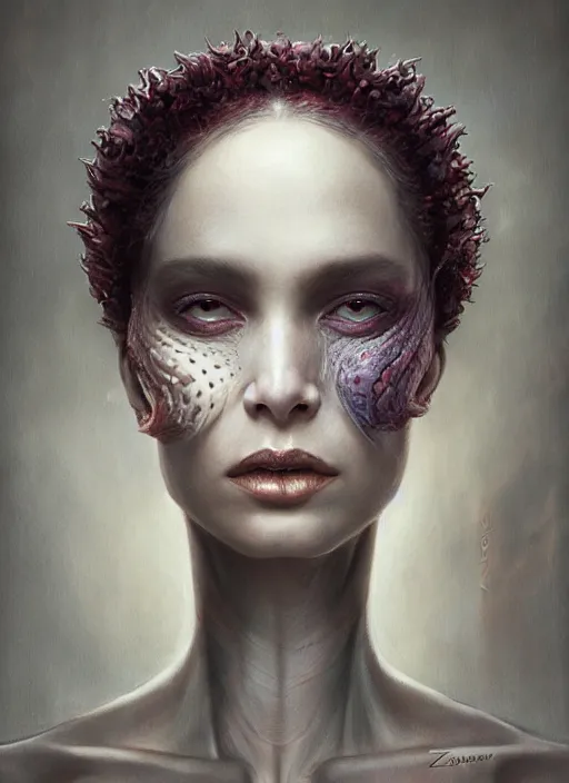 Image similar to a detailed facial portrait of the queen of blades, a beautiful face, mutation, by tom bagshaw, by dorian cleavenger, zdzisław beksinski, bastien lecouffe - deharme trending on artstation