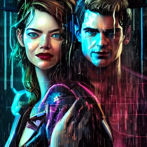 Prompt: An epic fantasy comic book style full body portrait painting of very beautiful cyberpunk hackers Matt Bomer and Emma Stone in the rain, neon reflections in the rain puddles, stunning 3d render inspired art by Tim Okamura and Lise Deharme + perfect facial symmetry + dim volumetric lighting, 8k octane beautifully detailed render, post-processing, extremely hyperdetailed, intricate, epic composition, grim yet sparkling atmosphere, cinematic lighting + masterpiece, trending on artstation, very very detailed, masterpiece, stunning