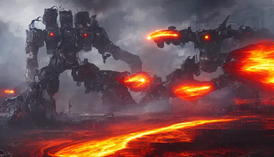 Prompt: Digital painting of a mecha using flamethrowers to destroy a city, humans fleeying, fire and ashes, smoke columns, apocalypse, devasted ground, war, hyperdetailed, artstation, cgsociety, 8k
