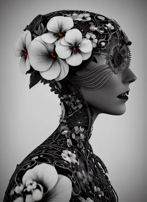 Prompt: monochrome 3 d model, floral steampunk biomechanical beautiful young female cyborg with porcelain profile face and a big floral eye, volumetric light, leaves foliage and stems, hibiscus flowers, boho floral vines, sinuous fine roots, fine foliage lace, alexander mcqueen, rim light, big gothic pearl embroidered collar, octane render, 8 k