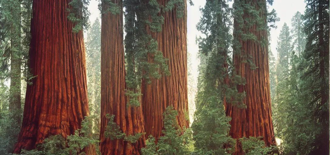 Image similar to house built into and inside a single giant sequoia. color photograph by jerry uelsmann. fujinon premista 1 9 - 4 5 mm t 2. 9. portra 8 0 0.