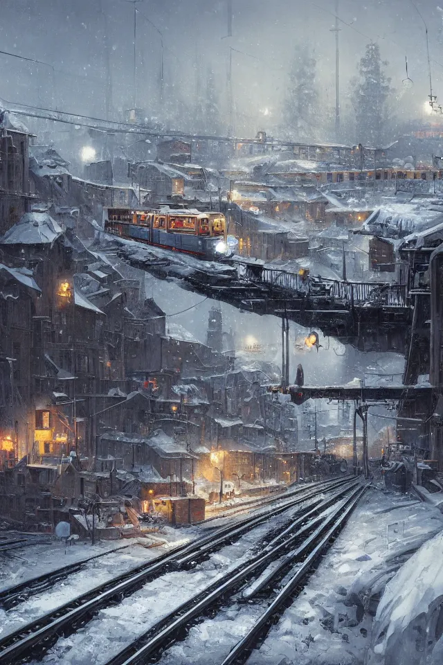 Image similar to highly detailed painting of dieselpunk stockholm, winter, snow, tram on rail tracks, dystopia, by greg rutkowski, by raphael lacoste, 4 k resolution, trending on artstation