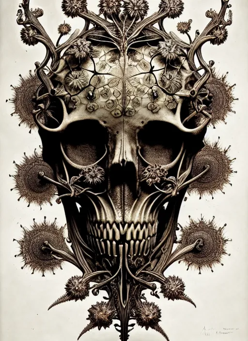 Image similar to art forms of nature by ernst haeckel, memento mori by arthur rackham, ornate antique porcelain beautiful skull mask, ultrasharp, photorealistic, hyperdetailed, octane render, polished, art nouveau, neo - gothic, gothic, intricate ornamental organic filigree, art nouveau botanicals, art forms of nature by ernst haeckel, horizontal symmetry, symbolist, visionary