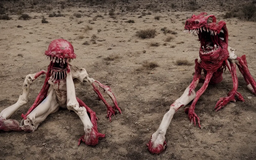 Image similar to in the desert a bloody gross horrifying The Thing creature made of muscle and bone and blood stares at the camera, eating, mid day, 35mm photography, realistic,