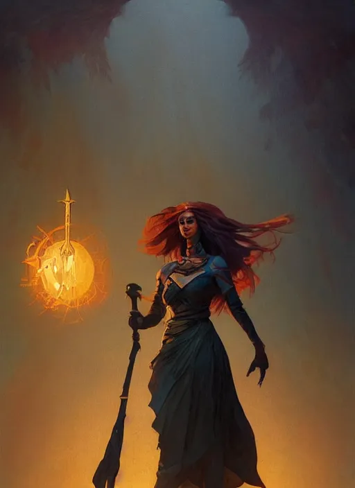 Image similar to hyper realistic photo of beautiful sorceress with a raven on her shoulder and a magic staff in her hand, full body, rule of thirds, conceptart, saturated colors, cinematic, greg rutkowski, brom, james gurney, mignola, craig mullins, artstation, cgsociety