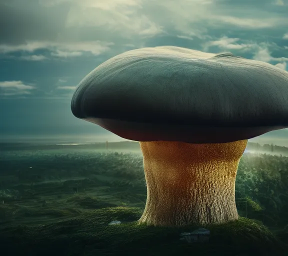 Image similar to a giant mushroom that has a city built from it and stretches above the clouds. highly detailed 8 k. intricate. lifelike. soft light. nikon d 8 5 0. cinematic post - processing