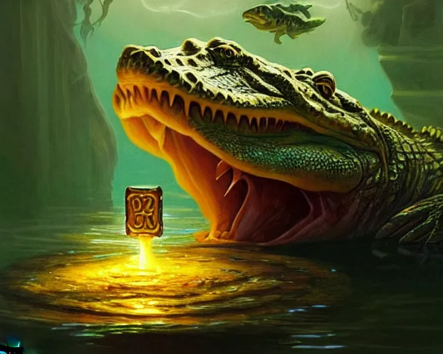 Image similar to a crocodile underwater discovering a glowing key on the bottom of a lake, deep focus, d & d, fantasy, intricate, elegant, highly detailed, digital painting, artstation, concept art, matte, sharp focus, illustration, hearthstone, art by artgerm and greg rutkowski and alphonse mucha