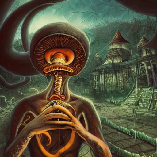 Image similar to A centered chest up portrait of a psychedelic demonic anthropomorphic snake smoking a hand-rolled cigarette smoking heavily , magic mushroom village in background , award winning. superb resolution. in the art style of junji Ito and greg rutkowski . Detailed Mushroom city in background. Hyper realistic anime. Perfect art. Dalle2