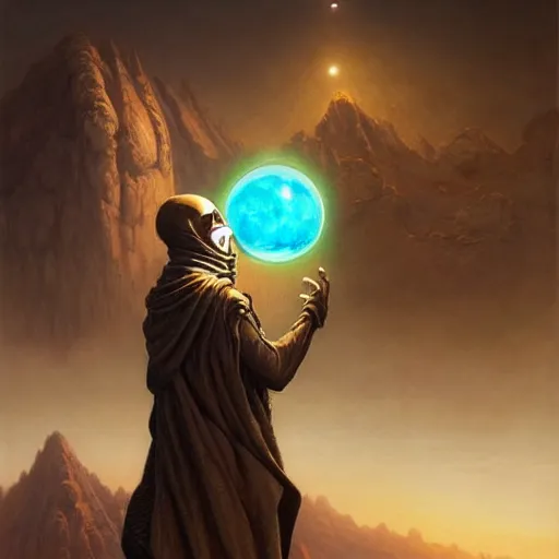 Image similar to masked nomad male wearing a cloak on an alien world and holding a holographic planet projection in his hand, detailed, sci - fi, digital painting, artstation, sharp focus, illustration, ominous, artgerm, tomasz alen kopera, peter mohrbacher, donato giancola, joseph christian leyendecker, wlop, frank frazetta