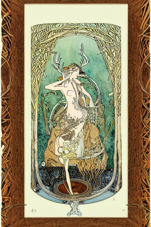 Image similar to a frothy wooden tankard of ale in the center of a frame made of antlers and coins, art by kay nielsen and walter crane, illustration style, watercolor