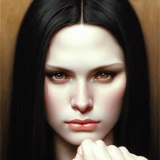 Image similar to portrait of a beautiful, pale skin, female with long black hair, dark, piercing eyes, gentle expression, elegant clothing, photorealistic, highly detailed, artstation, smooth, sharp focus, art by michael whelan, artgerm, greg rutkowski and alphonse mucha