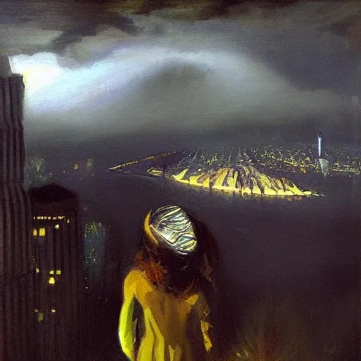 Image similar to “ a girl looking down at a futuristic new york city below, ghostpunk, fog, storm clouds, rain, detailed face, oil painting, by george bellows ”