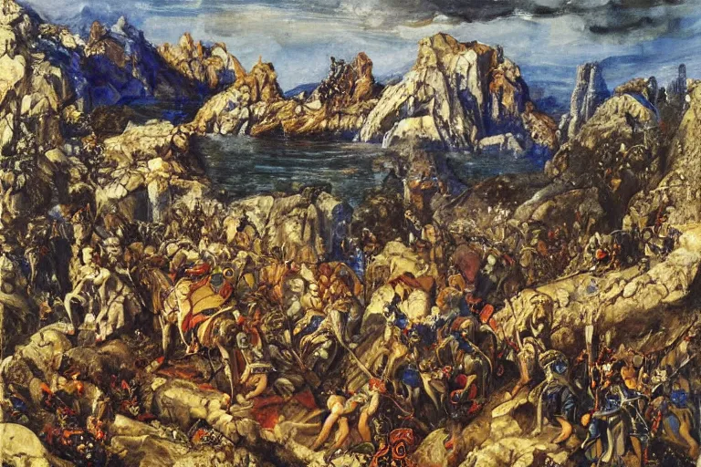 Image similar to a beautiful painting of a rocky landscape covered with bodies of medieval soldiers in shiny armors, dawn, by Georgia o keeffe, by Gustave Moreau