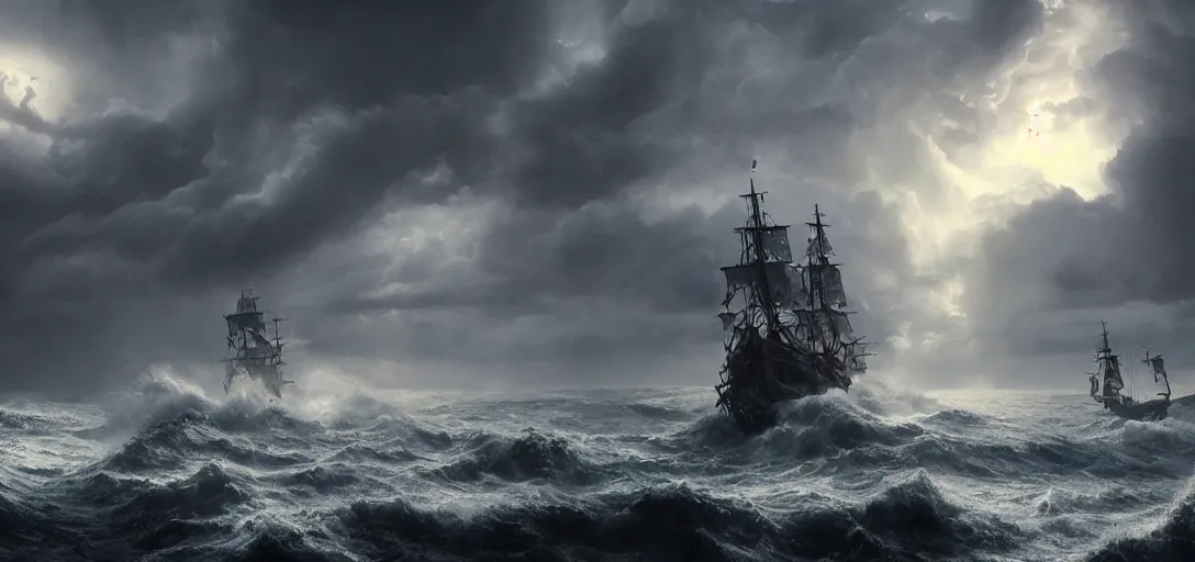 Image similar to wild ocean storm at night, old wooden pirate ship battle, appearing from fog, mist, dramatic lighting, cinematic, establishing shot, extremly high detail, foto realistic, pirates of the carribean, cinematic lighting, post processed, concept art, artstation, matte painting, style by eddie mendoza, raphael lacoste, alex ross