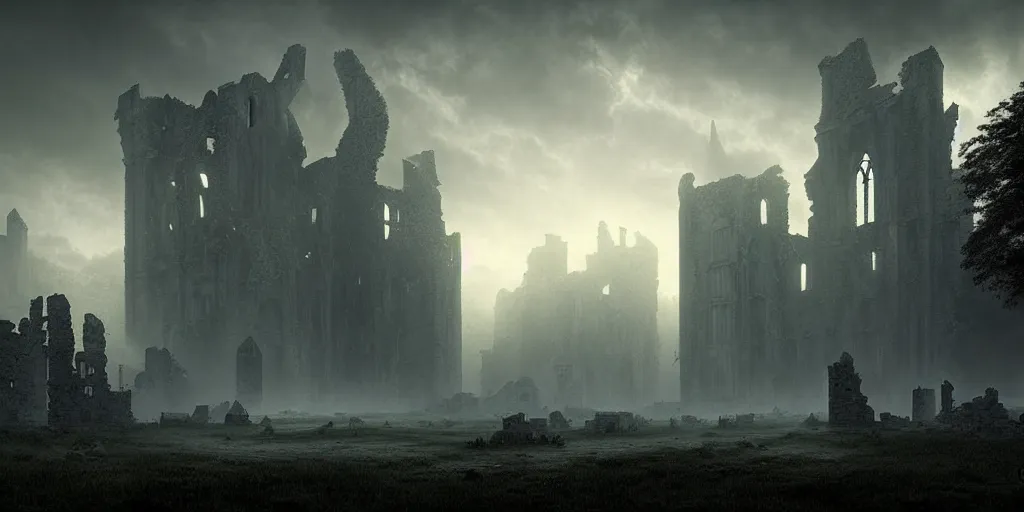 Image similar to ruins of a gothic castle, dusk, mist, dusty, ultra high definition, ultra detailed, symmetry, sci - fi, dark fantasy, dramatic lighting, by greg rutkowski and ross tran