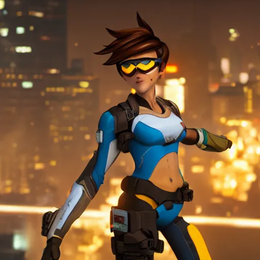 Image similar to tracer, standing on rooftop, 4 k, detailed, smiling at camera, confident stance