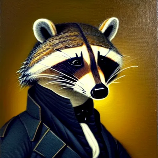 Image similar to a head and shoulders portrait painting of an anthropomorphic!!!!!!!!!! raccoon!!!!!!!!!! wearing a colonial outfit without a hat looking off camera, a character portrait, american romanticism, oil on canvas, soft focus