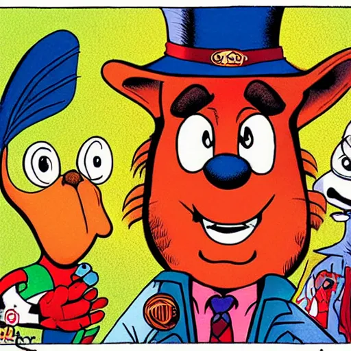 Image similar to two birdman, close up face, magnified face, ren and stimpy style, cartoon from the 90's, artwork by Alex Horley + Joe Jusko + todd schorr + richard scarry