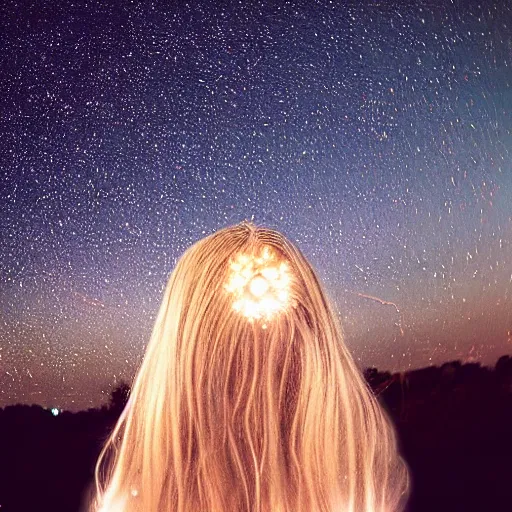 Image similar to “Detailed photo of a white, adolescent girl as seen from the side from the shoulders up. The girl has shoulder-length straight blonde hair and blue eyes. She is looking up slightly at a night sky filled with dazzling stars with a hopeful, awe-filled expression. Illumination from starlight. 4K”