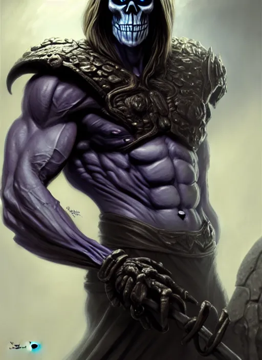 Image similar to skeletor, as a brooding figure of the dark caught in the never - ending push and pull between good and evil diffuse lighting, fantasy, intricate, highly detailed, lifelike, photorealistic, digital painting, artstation, illustration, concept art, smooth, sharp focus, art by john collier and albert aublet and krenz cushart