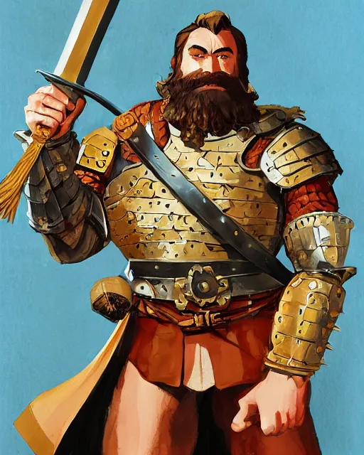 Prompt: hardwon surefoot, hirsute epic level dnd human fighter, wielding the godshammer, a magical war hammer, wearing magical armor. thick quads. full character concept art, realistic, high detail digital gouache painting by angus mcbride and michael whelan.