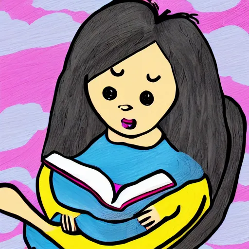 Prompt: a girl reading a book, digital art, children's book style, colourful, illustration