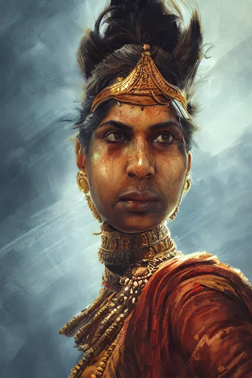 Image similar to hindu warrior, close - up portrait, fierce, intricate, elegant, volumetric lighting, scenery, digital painting, highly detailed, artstation, sharp focus, illustration, concept art, ruan jia, steve mccurry