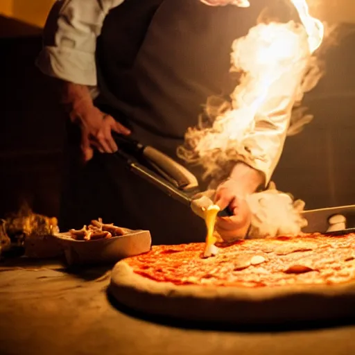 Image similar to walter white making pizza!!! margherita! with a blowtorch!! in the desert, dramatic lighting, still from breaking bad