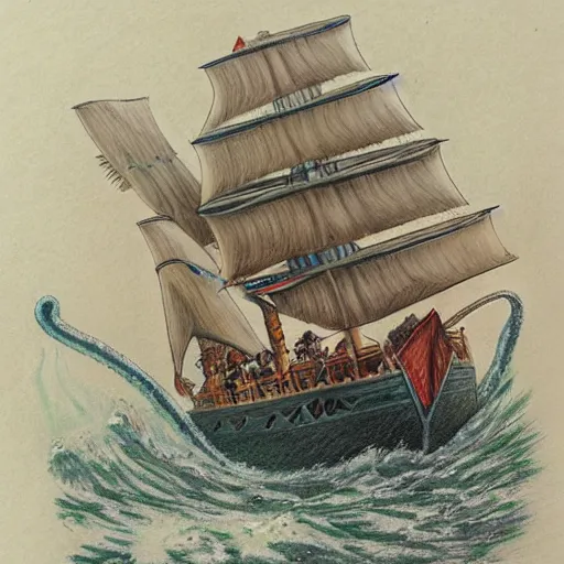 Prompt: coloured pencil drawing of a wonderful an big galion attacked by a giant octopus, rainy day an big waves. d & d, illustration, realism, trending on artstation