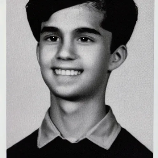 Prompt: a gray felt crown being worn by a teenage boy with black hair, old yearbook photo