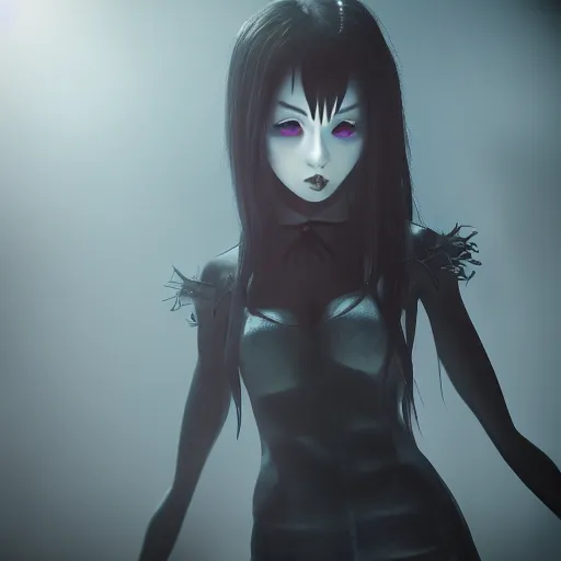 Prompt: photorealistic full shot of angry darkness anime girl, electric aura, inspired by tim burton, detailed, unreal engine 4 k, volumetric light, fog