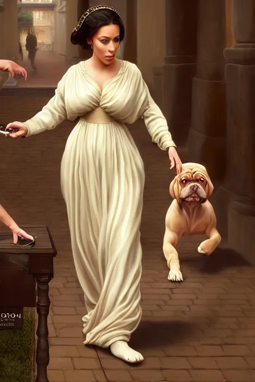 Prompt: A Midget Dog With Pete Davidson’s Face Being Walked By Kim Kardashian As An Old Lady illustration, soft lighting, soft details, painting oil on canvas by Edmund Blair Leighton and Charlie Bowater octane render, HDR, trending on artstation, 4k, 8k, HD