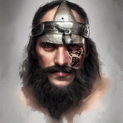 Image similar to portrait barbarian with face tattoo and trucker mustache, 8 k, trending on art station, by tooth wu and greg rutkowski