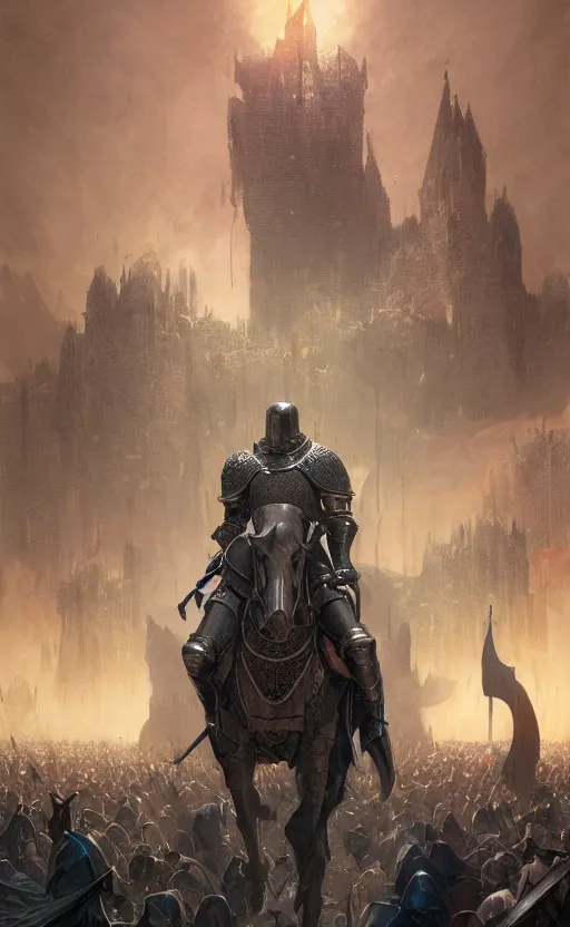 Prompt: medieval knight sware oath to the king, solar field castle, front game card, drark, marvel comics, dark, intricate, highly detailed, smooth, artstation, digital illustration by ruan jia and mandy jurgens and artgerm and wayne barlowe and greg rutkowski and zdislav beksinski