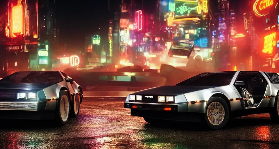 Image similar to a 2 8 mm closeup photo of a tela tron neon delorean back to the future car on wet city street at night, intricate, hyper detailed, smooth, high contrast, neon, volumetric lighting, octane, moebius, greg rutkowski, blade runner, ripley scott, mad max, cindmatic