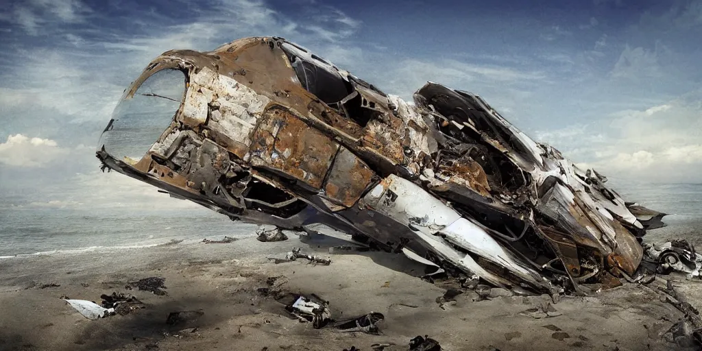 Prompt: rusty wreckage of a mysterious combat spaceship crashed on a beach, sand, grass, beautiful blue sky, photography, natural light, golden hour, ultra detailed, photorealistic, by annie leibowitz