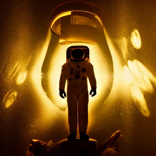 Image similar to astronaut silhouette with arms extended forward, bottom of arms lit by light coming from offcamera, light coming from below, dark background, lit from below, full body photo,, 8 k