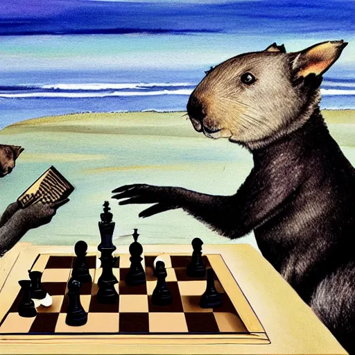 Prompt: wombat playing chess in pringle bay in style of goya