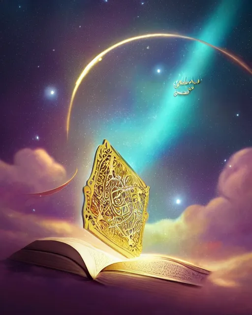 Prompt: the quran descending from the galaxy into clouds highly detailed, gold filigree, romantic storybook fantasy, soft cinematic lighting, award, pastel color palette, featured on artstation