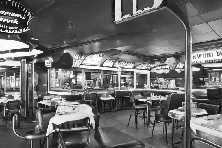 Image similar to realistic photo of a diner in the 1 9 5 0 s, highly detailed, film noir,