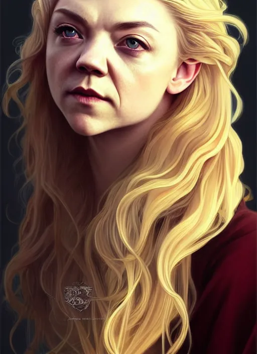 Prompt: portrait of natalie dormer with blonde hair and beautiful face as a vampire lord, jewelry, greek, ruby, intricate, headshot, highly detailed, digital painting, artstation, concept art, sharp focus, cinematic lighting, illustration, art by artgerm and greg rutkowski, alphonse mucha, cgsociety