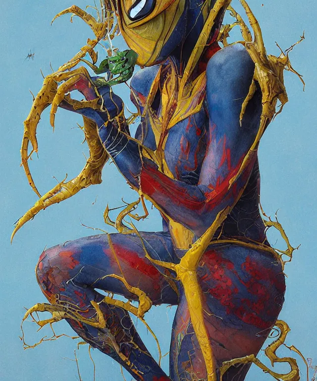 Prompt: a portrait photograph of a meditating fierce colorful spider gwen antilope super villian girl with slimy amphibian scaled blue skin and yellow eyes. she is wearing a living organic suit. by donato giancola, hans holbein, walton ford, gaston bussiere, peter mohrbacher and brian froud. 8 k, cgsociety, fashion editorial