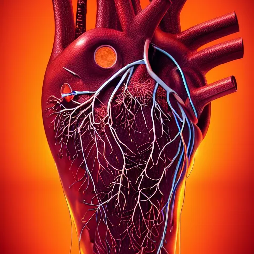 Image similar to a human heart, revealing wires and electronics, arteries, veins, human heart, anatomy, sci - fi, missing panels, intricate abstract upper body intricate artwork, concept art, octane render, deviantart, cinematic, key art, hyperrealism, iridescent accents, portrait photograph, nikon 3 5 mm, parts illustration