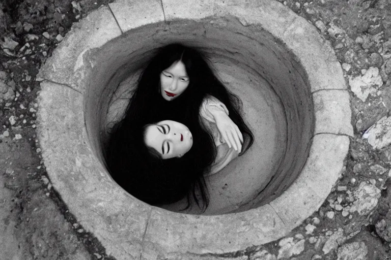 Prompt: vintage photo of a woman with long black hair wearing long white clothes crawling out of a well, eerie, japanese horror, highly detailed shot, dramatic 8 k uhd