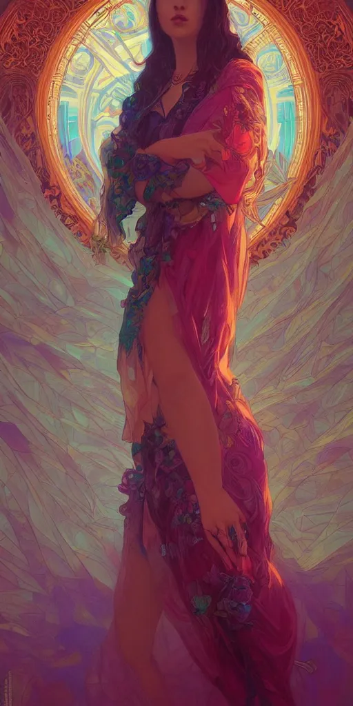 Image similar to beautiful, young woman, sad eyes, tears running down, vaporwave aesthetic, synthwave, colorful, psychedelic, long gown, ornate, intricate, digital painting, artstation, concept art, smooth, sharp focus, illustration, art by artgerm and greg rutkowski and alphonse mucha