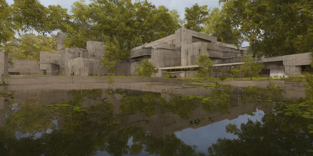 Prompt: an extremely detailed cathedral of brutalist architecture, surrounded by lush green forest, accurate reflections in surrounding ponds of water, stunning volumetric lighting, sunset, rusted steel, smooth concrete, stunning skies, trending on Artstation, 8k, photorealistic, hyper detailed, unreal engine 5, IMAX quality, cinematic, epic lighting, in the style of Greg Rutkowski