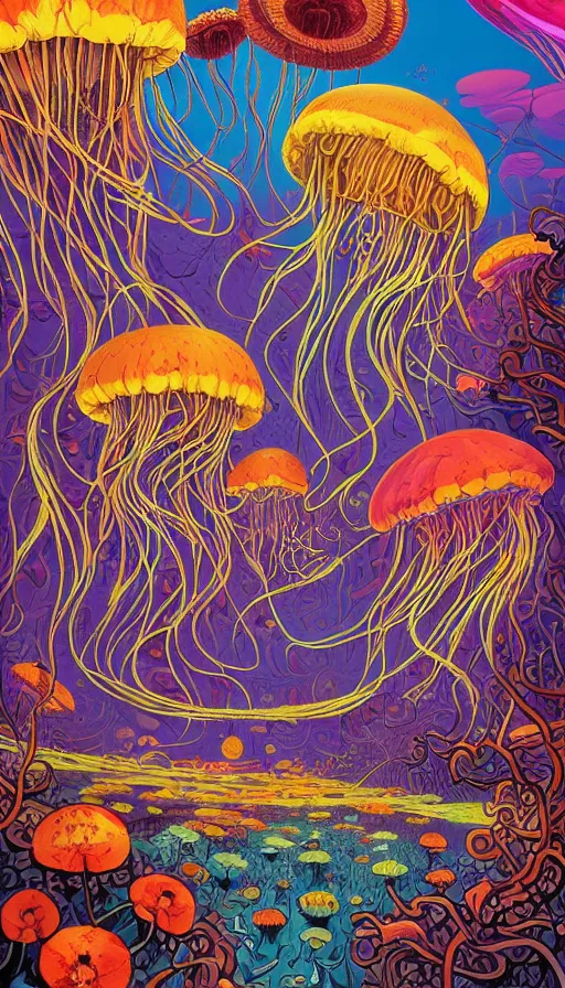 Image similar to The floral lands of the jellyfish, italian futurism, Dan Mumford, da vinci, Josan Gonzalez